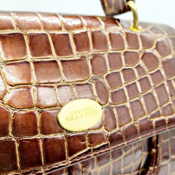 Vintage Kenneth Cole Reaction Brown Leather Mini Croc Embossed Top Handle Bag - Picture 6 of 15